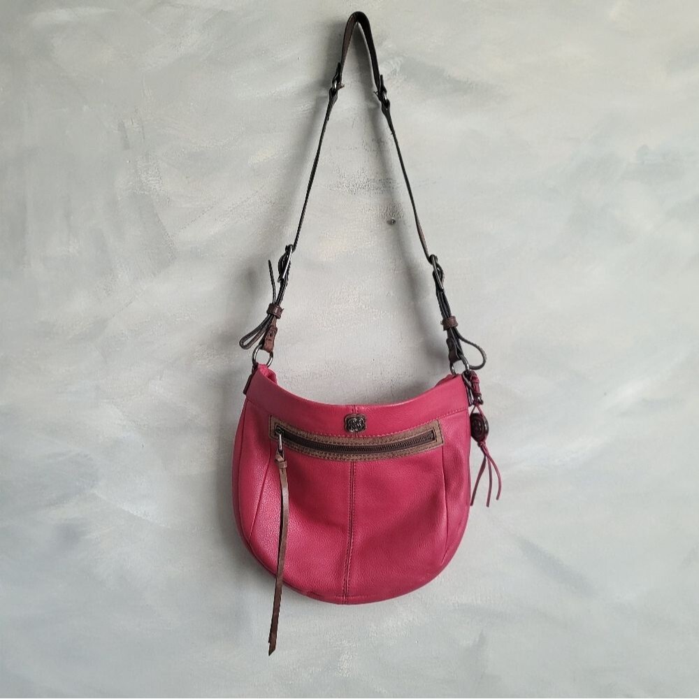 Elliott Lucca Magenta Pebbled Leather Shoulder Bag With A Brown Leather Strap
